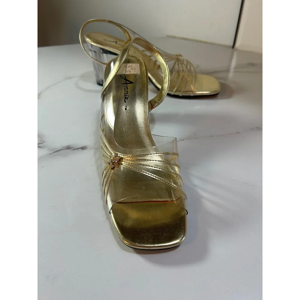 Annie Gold Metallic Clear Lucite Block Heel Slingback Sandals Rhinestone Size 8M